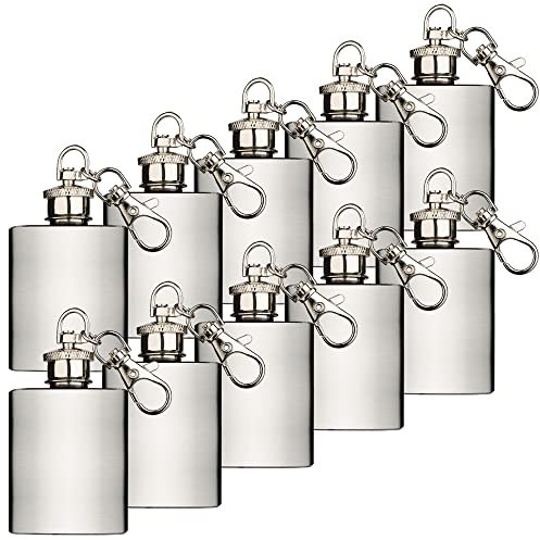 Mini Flachmann 1oz / 28,3 ml mit Schlüsselanhänger aus Edelstahl Stainless Steel kleiner Hip Flask robust Outdoor geeignet praktisch klein (Silber Satin - 10 Stk)