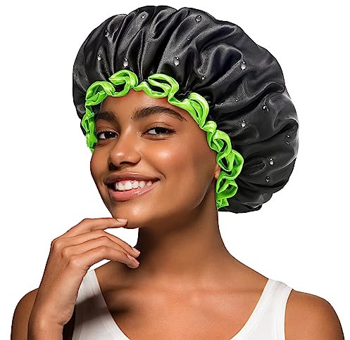 mikimini Black Shower Cap for Women and Men, Reusable Waterproof Shower Hats for Thick Curly Hair, Black Bath Caps with Green Edge Medium