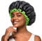 mikimini Black Shower Cap for Women and Men, Reusable Waterproof Shower Hats for Thick Curly Hair, Black Bath Caps with Green Edge Medium