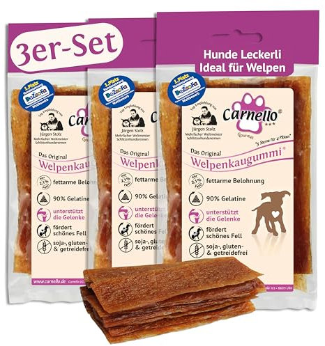 Carnello Welpen Leckerlies - Welpenkaugummi – Hunde Leckerlis, Kauknochen Hund Welpe, Kauartikel Hund – Hundeleckerli getreidefrei - Wiederverschließbare Beutel (3 x 60g)