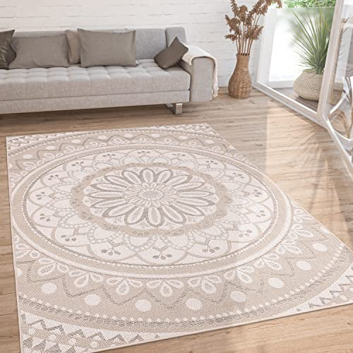 Paco Home Outdoor Teppich wetterfest & robust modernes Mandala & Boho Design pflegeleicht & flachgewebt für Balkon, Terrasse, Garten, Wohnzimmer & Küche Ethno Mandala, Grösse:60x100 cm, Farbe:Sand