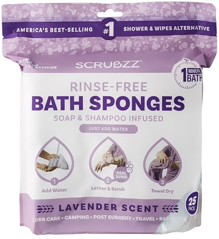 Scrubzz Disposable No Rinse Bathing Wipes - 25 Pack - All-in-1 Single Use Shower Wipes, Simply Dampen, Lather, and Dry Without Shampoo or Rinsing (Lavender, 1-Pack)