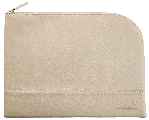 RHODIA 116726C - Faux Leather Zipped Pouch - Beige - Size L (21 x 28 cm) - Genuine stitching - Orange Fabric Inside - Storage for Documents, Small Supplies