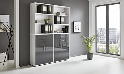 BMG Möbel Aktenschrank Office Edition Set 20, Büroschrank mit Metallgriffen Made in Germany (Weiß/Anthrazit Hochglanz)