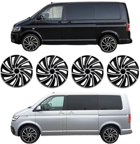 Premium Radkappen 17 Zoll gewölbt kompatibel mit VW T5 T6 T6.1 Stahlfelgen in Schwarz-Silber-Matt 4er-Satz gewölbte Radzierblenden Radblenden Raddeckel Radabdeckungen Zierblenden Zierkappen 4er-Set
