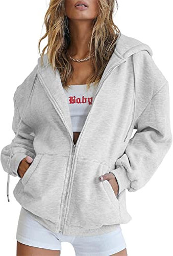Jhsnjnr Women's Oversized Hoodie Zip Up Drawstring Sweatshirts Casual Long Sleeve Jackets with Zipper Grey