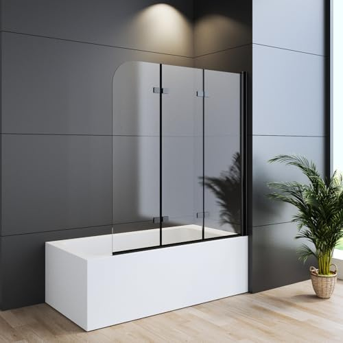 WDWRITTI Duschwand für Badewanne 130x140cm Faltbar 3-teilig Schwarz, Badewannenaufsatz Duschtrennwand aus 6mm ESG Sicherheitsglas mit Nano Beschichtung, Duschabtrennung für Badewanne