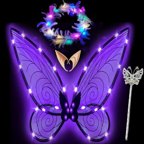 Sunshine smile Feenflügel Leuchtend Erwachsene,LED Haarreif and Sterne Feenstäbe,Feenflügel Erwachsene,Elfenflügel Damen,Led Flügel,Schmetterlingsflügel,Mädchen Feenflügel Glitzernde Engelsflügel