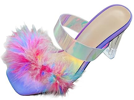 Sandali estivi da donna in PVC trasparente con decorazione in peluche, punta aperta, tacco alto, sandali con zeppa e plateau, Viola, 39.5 EU stretta