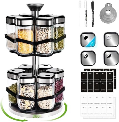 SIAZIH 2 Étages Rangement Epices Cuisine avec 12×120ml Pot a Epices Carrés, Trou de Sélection 360° dans le sens Horaire, 360° Tourniquet a Epices, Porte Epices Cuisine pour un Accès Facile aux Épices