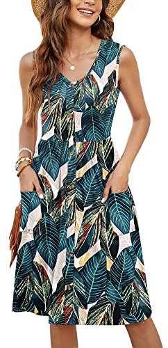 Molerani Summer Dresses for Women - UK Sleeveless Ladies V Neck Beach Swing Button Midi Sundress Dress with Pockets Leaf Print 20-22 XL