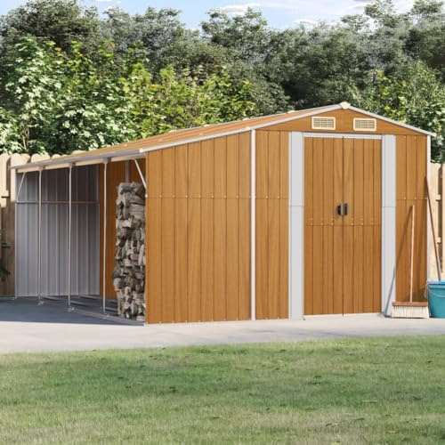 Gecheer Capanno da Giardino con Portalegna e Porte in Acciaio Zincato, Marrone Chiaro, 277x365, 5x179 cm