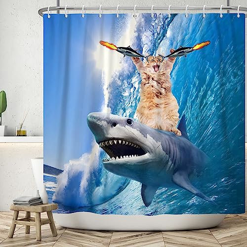 SDOTPMT 180x180cm Drôle Mignon Chat Requin Rideau de Douche Bleu Vagues Baignoire curtian été Dessin animé Enfants Rideau de Douche Salle de Bains décoration Polyester avec Crochet