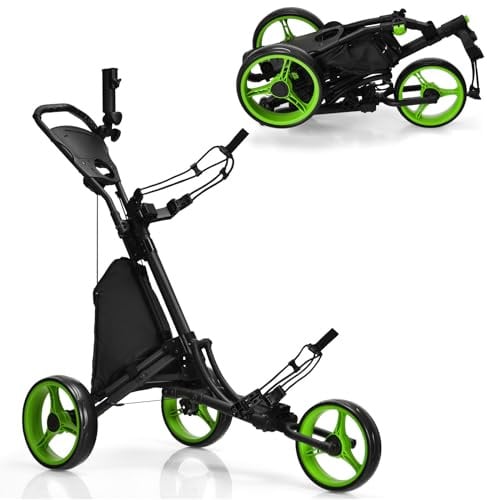LIFEZEAL Carrello da golf pieghevole, 3 ruote Golf Push Cart con freno a pedale, carrello da golf con 3 posizioni regolabili in altezza, pieghevole con portaombrelli e portabottiglie e borsa