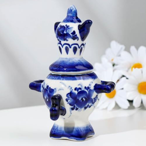 AEVVV Authentic Gzhel Porcelain Samovar Figurine, Traditional Russian Blue and White Decor