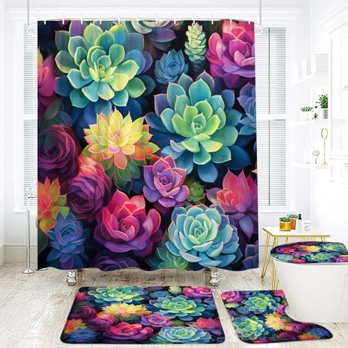 RDRUVA Duschvorhang, Sukkulenten, tropische Pflanzen, bunt, tropisch, botanisch, Aquarell, verschiedene Optionen, Badezimmer-Dekoration, Vintage-Blumenmuster, schwarzer Hintergrund mit Haken, 178 x