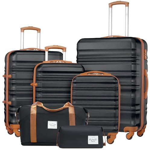 LONG VACATION Valise bagage à main, valise à roulettes, valise de voyage, coque rigide, 4 roulettes, serrure TSA - La valise contient 1 sac de voyage et 1 trousse de toilette, noir/marron, Mittlerer