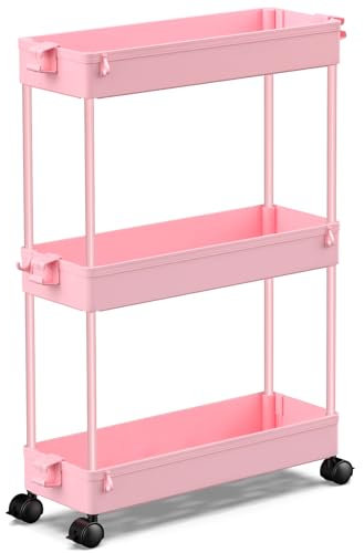 SPACEKEEPER Küchenwagen mit 3 Ebenen, Schmale Rollwagen Nischenregal auf Rollen, platzsparendes Badregal und Küchenregal für Küche Büro Bad, 40x13x61cm, Rosa