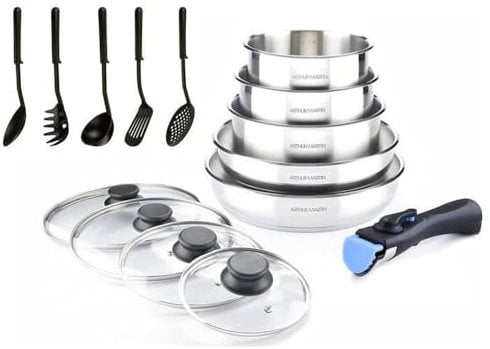 AM5535 : Batterie de Cuisine 15 Pièces Arthur Martin Poêles et Casseroles en Acier Inoxydable avec Accessoires, Intérieur Miroir Poli, Compatible Tous Feux dont Induction, Couleur Chrome