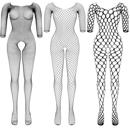 BOARDFEB 3 Packs Women Fishnet Bodysuits Mesh BodyStocking Fishnet Lingerie Long Sleeve Bodysuits One Piece Jumpsuit, Black