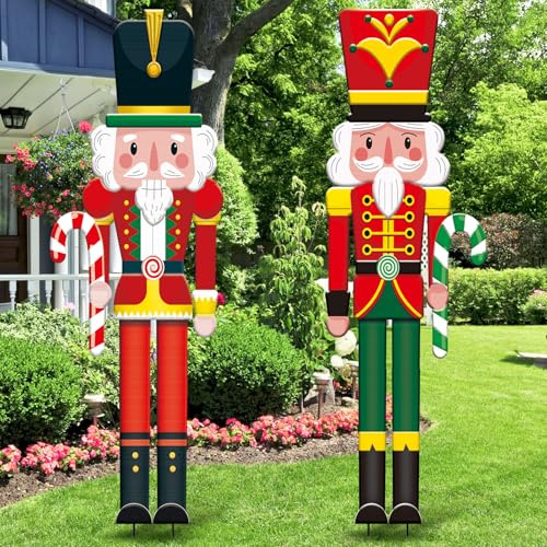 Marsui Großes Nussknacker-Hofschild aus Metall mit Heringen, 114 cm, Weihnachtsdekoration, Nussknacker, Rasenschild, Soldat für Urlaub, Garten, Veranda, Weg, niedlich, 2 Stück