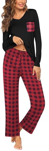 Ekouaer Ensemble Pyjama Femme Manches Longues Haut Et Pantalon Vêtements De Nuit Col en V Pyjama Costume Vêtements De Nuit À Carreaux Rouge XXL