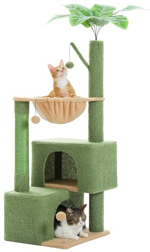 PURRPURCAT Albero per gatti da 115 cm con 2 condomini per gatti, amaca e bastoncini con pompon rimovibili, torre per gatti di piccola e media taglia, verde