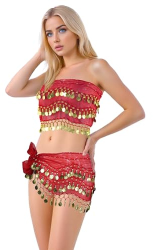 Baisdan - 2 stycken magdansbälte, magdans omlottkjol med guldmynt magdanskjol för zumba latin yogaklass, 2 st, Röd, one size