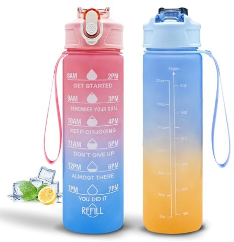 AQUA HOMIE Pack of 2 750ml Sports Water Bottles with Straw, Leakproof BPA-Free Tritan Motivational Time Marker for Kids & Adults, Lightweight Drinks Bottle for Gym, Office, School, Travel & Cycling