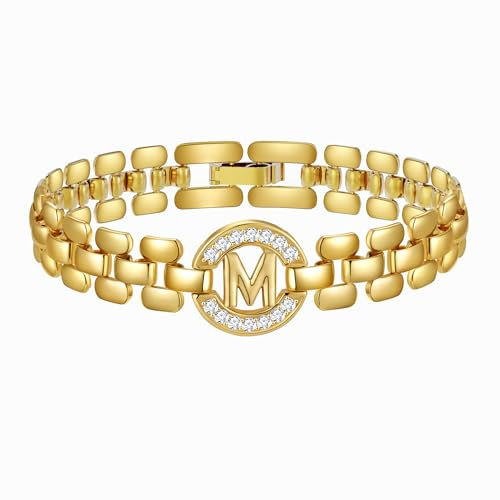 Rajputana Initialen-Armband, 14 Karat Vergoldete Buchstaben-Armbänder für Frauen, Dickes Armreif-Armband aus Gold mit Initialen für Frauen Alphabet-Armband Schmuck Initiale M Charm-Kette