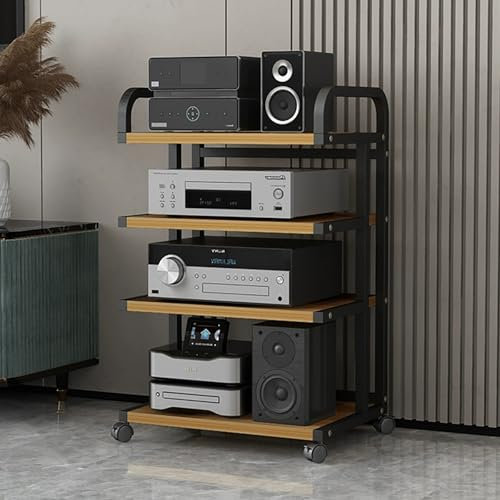 Support Stéréo avec roulettes, Support Multimédia Audio-Vidéo, Meuble Multimédia Mobile à 3/4 Niveaux, Idéal pour Tourne Disque, Console de Jeu, Lecteur DVD et Projecteur(Natural,50x40x85cm)