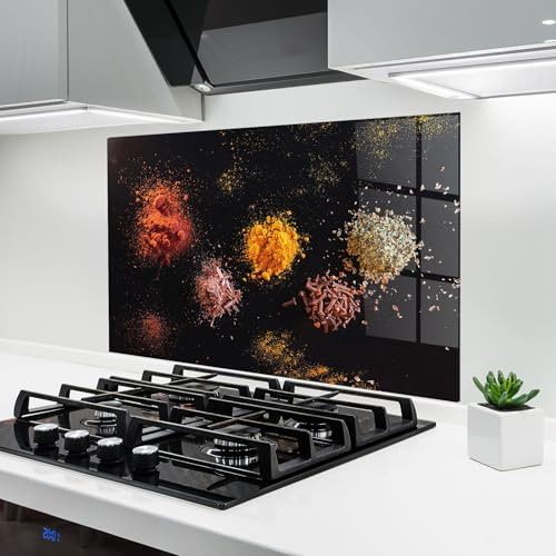ARTHUB® Küchenrückwand aus Glas 50x70 cm, 4mm ESG | Spritzschutz, Glasplatte, Herdspritzschutz, Wandschutz für Herd, Hartglas, Lebensmittel, Gewürze, Powder On Black