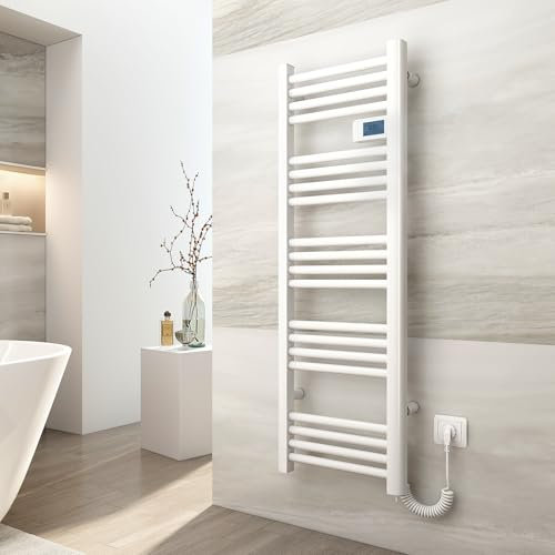 EMKE Seche Serviette Electrique 120x40 cm,450W, Radiateur Salle de Bain avec Contrôleur d'affichage numérique, Droit Sèche-Serviettes électrique (Blanc)