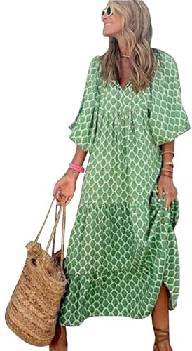 MessBebe Sommerkleider Damen Elegant Boho Langarm Blumenkleid V-Ausschnitt Maxikleid Lässig Sommer Freizeitkleid