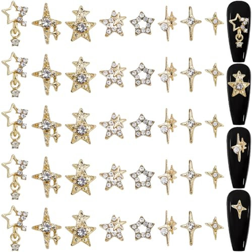 CRASPIRE 40Pcs/Box Four-pointed Star Nail Charms Rhinestone 8 Styles 3D Y2K Luxury Shiny Gold Nail Gems Metal Alloy Flat Punk Studs Decor for Women Nail Art Charm DIY Craft Jewelry Decor Accessories