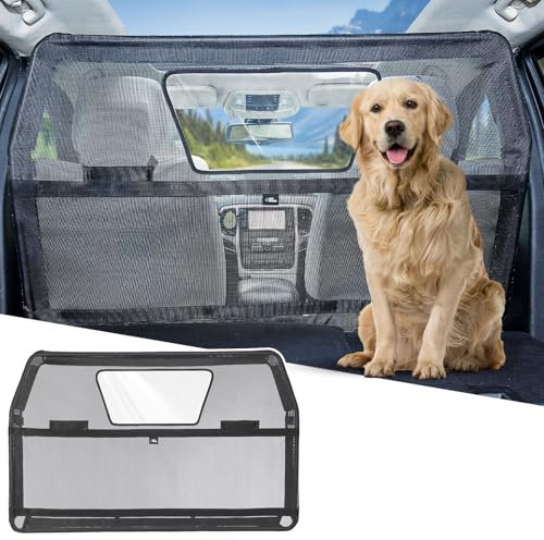 JOYTUTUS Hundegitter Auto, Schutznetz Barriere Trennnetz, mit Sichtfenster, Universal Hunde Trenngitter, 127 * 79cm, für Autos, SUVs, Lastwagen