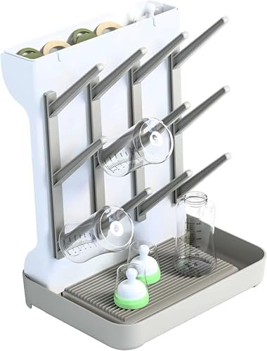 SuoXing Baby Bottle Drying Rack Space Saving,Large Vertical Baby Bottle Storage Organizer & Bottle Dryer Rack for 12 Pc 8 oz Bottles and Baby Accessories,Pump Parts,Pacifiers or Brush Stand,Smart Grey