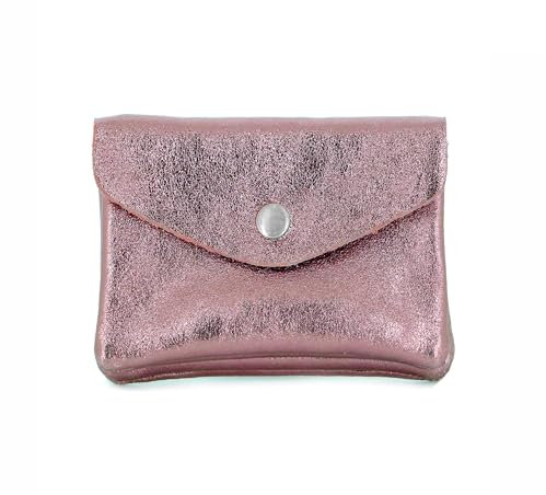 Double Tree - Porte-Monnaie Femme en Cuir Véritable Irisé - Petit Portefeuille Brillant à Rabat Format Enveloppe Élégant - Léger et Pratique - Rose