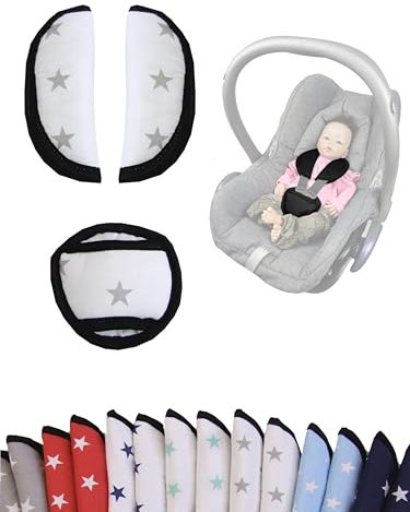 Gurtpolster [Polster-Set für Babyschalen] Autositze Kinderwagen universal Schulterpolster Set 3 Pads Gurtbezüge (weiß-sterne-grau)