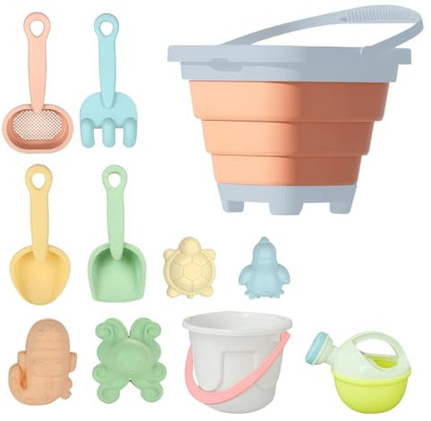 Yunova 11PCS Kids Beach Sand Toys Set with Foldable Pink Bucket – Eco-Friendly Sandbox Toys Made from ABS & Wheat Straw – Ideal for Toddlers, Girls, Summer Holiday, Outdoor Travel & Garden Play