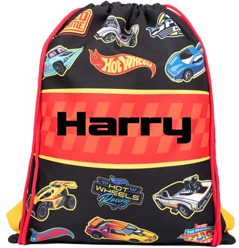 Hot Wheels Personalised Drawstring Bag for Kids PE Bag - Kids School or Swimming Bag for Boys - Personalised Merchandise for Boys - Black
