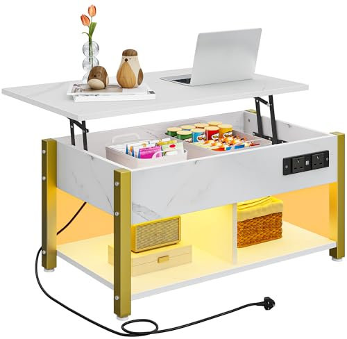 YITAHOME Lift-Top Coffee Table, Easy Adjustable Height with Hidden Storage, Rectangular Coffee Table with 2-Tier Storage, Power Outlets, Multi-Color LED Lighting for Living Room, White Marble