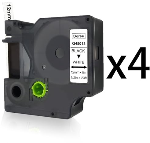 DOREE 4x D1 45013 S0720530 etikettenband 12mmx7m Schwarz auf Weiß kunststoff Kompatibel mit Dymo D1 Label tape D1-45013 Kompatibel mit Dymo LabelManager 160 210D 360D 420P 450 450D 500TS