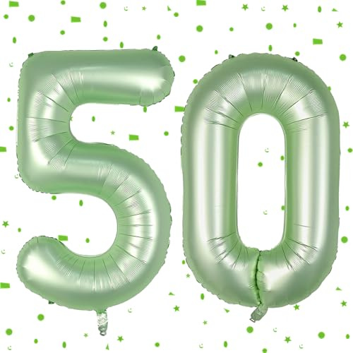 Salbeigrün Luftballon 50,Zahlen Luftballon Olivgrün,40 Zoll Salbeigrün Folienballon 50,101cm Zahlenballon 50 Helium Ballon Luftballon 50 Geburtstag für Geburtstagsdeko Frau Mann Party Deko