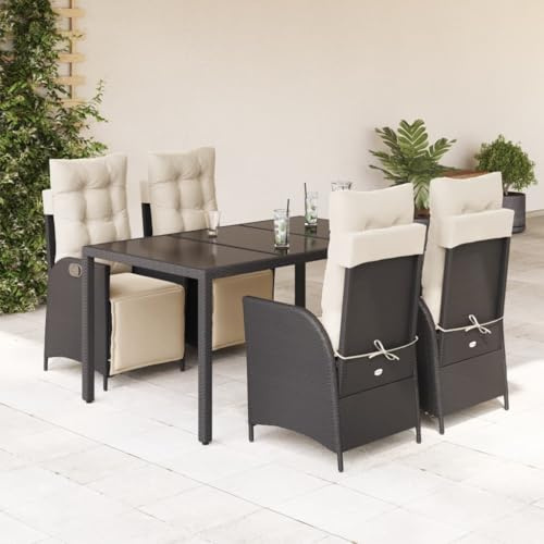 Mandloder 5-TLG. Garten-Essgruppe Schwarz Poly Rattan, verstellbare Relaxsessel, Hartglas-Tisch, cremeweiße Kissen, UV-beständig, für Terrasse, Balkon