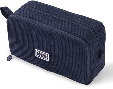 TCNHES Federmäppchen aus Cord-Stoff Federtaschen Mäppchen mit 3 Fächer Schulmäppchen Große Kapazität Stiftetasche Pencil Case für Jungen Mädchen Teenager, für Schule & Büro (Marineblau)