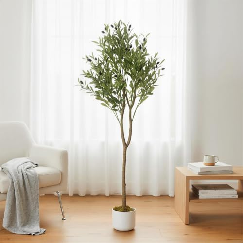 Virimolo Künstlicher Olivenbaum 130 cm im Topf, mit Oliven | Silbrig-grünes Laub, naturgetreuer Stamm; pflegeleicht; ideal für Wohnzimmer & Büro
