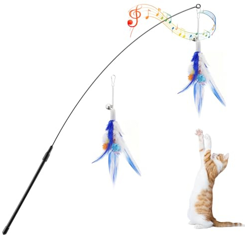 Pawaboo Jouet Interactif pour Chat, Baguette à Plumes avec Grelot | Jouet canne à plumes pour chat, Baguette extra-longue ( 34,5 po) pour jeux de poursuite et exercice, Bleue