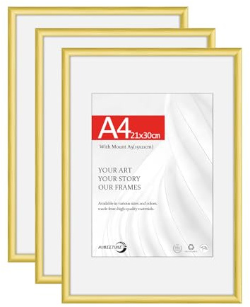 HIMEETIME® 3x A4 21x29.7cm Picture Frames | Gold Matte Aluminum Metal | 21x30cm Certificate Frame with Shatterproof Acrylic Glass | Portrait & Landscape Wall Mount | Slim Profile