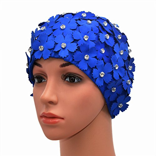 Medifier Manual del Rhinestone Floral pétalos Retro Estilo Gorras Natacion Gorras de baño para Mujer Amarillo Azul